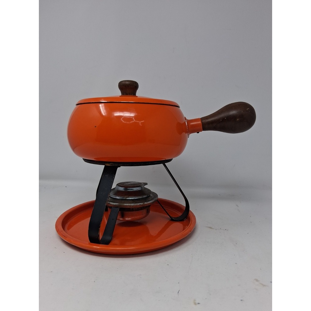 Vintage 70s Fondue Pot With Lid Orange With Wood Handle & Stem, Original Stand